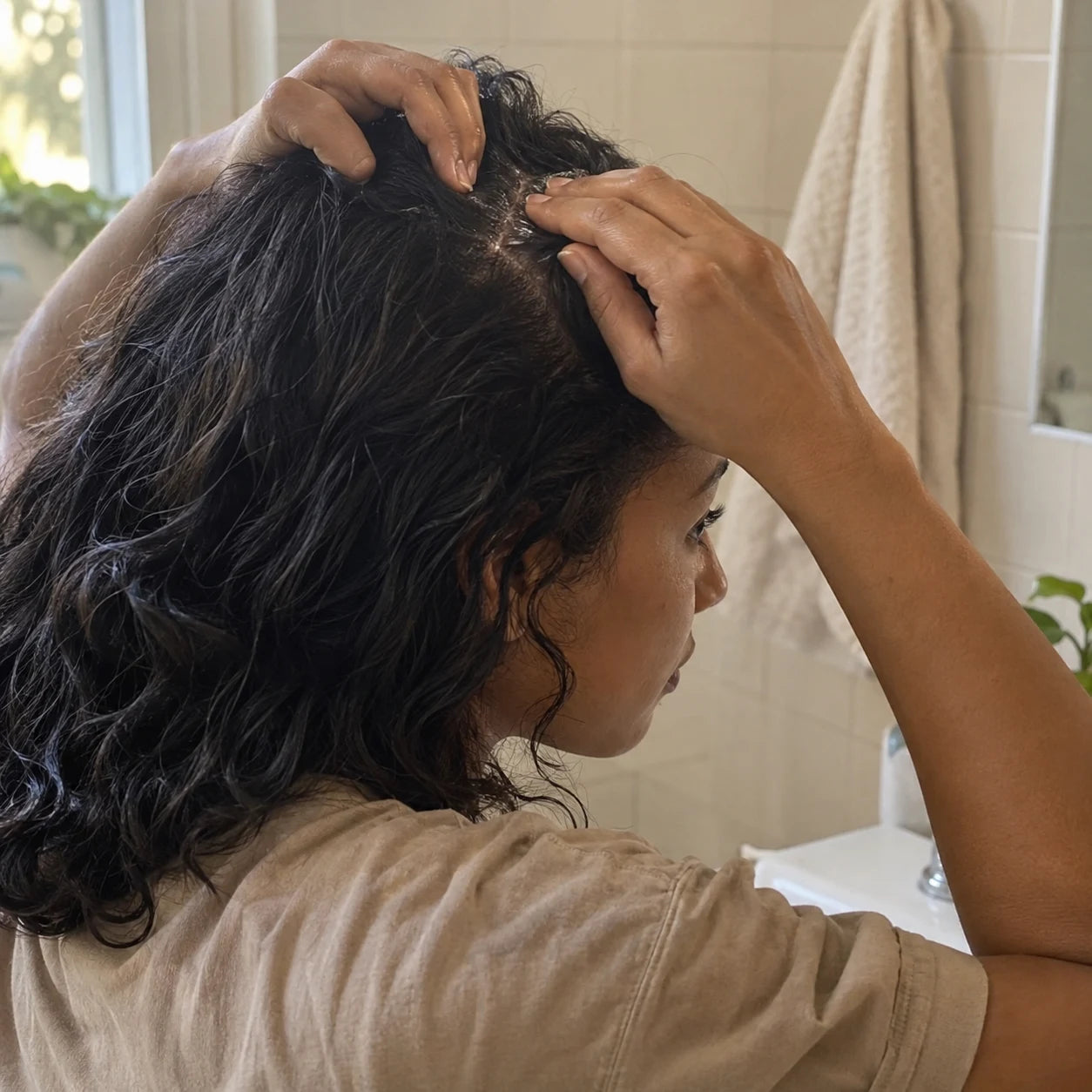Woman massaging oil along her hair part at home