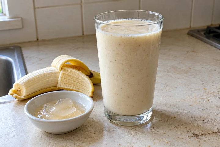 Banana smoothie in a clear glass beside a banana and a small dish of sea moss gel