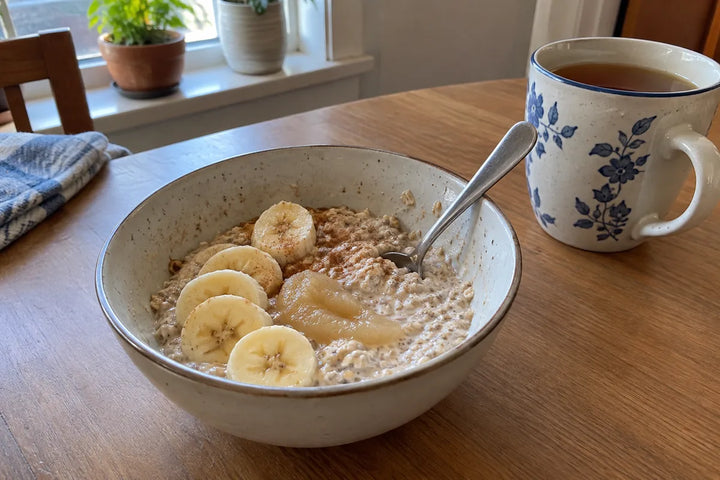 A bowl of oats with sea moss gel and banana beside a mug of tea