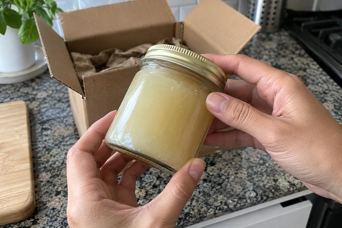 Hands checking the lid of a sea moss gel jar beside an open delivery box