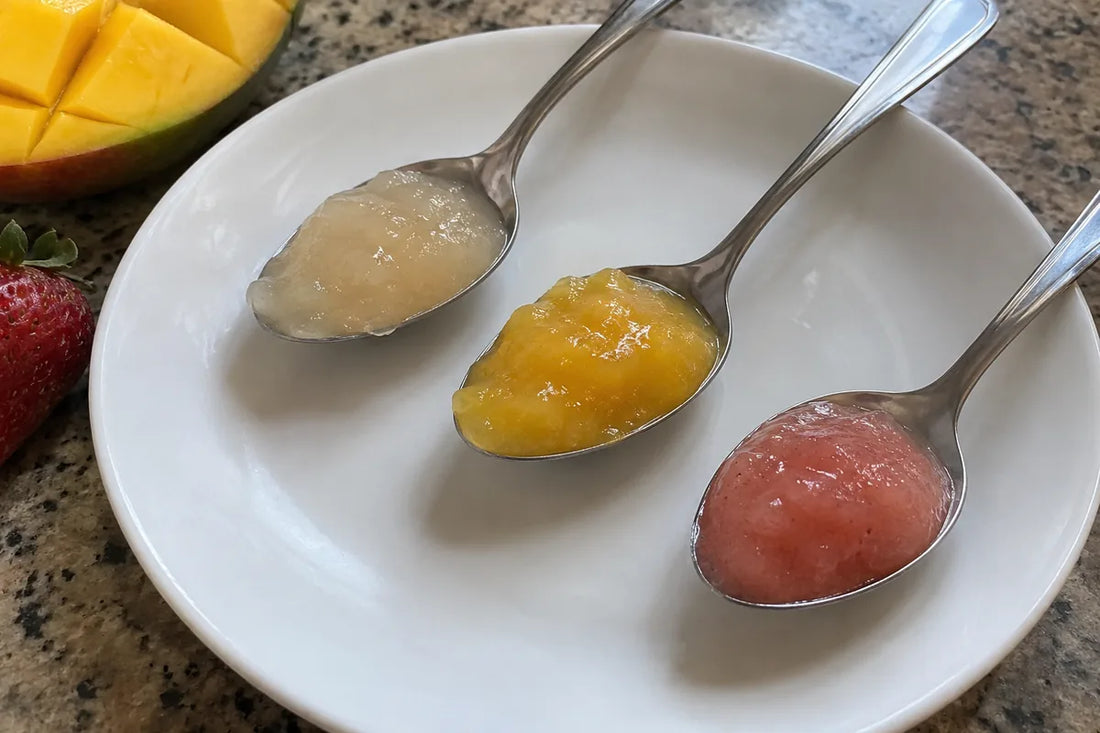 Original, mango and strawberry sea moss gel samples on three spoons
