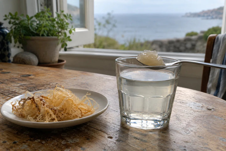 Sea moss gel on a spoon above a glass, with dried seaweed beside an open coastal window