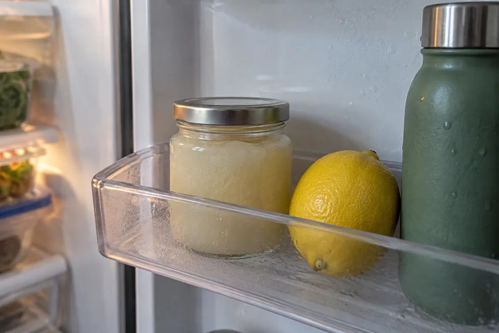 A sealed sea moss gel jar in a refrigerator door beside a lemon and water bottle