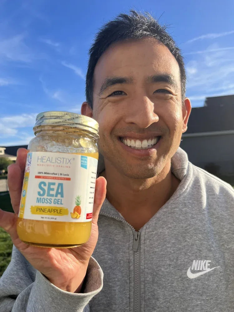 Customer outdoors with Pineapple sea moss gel