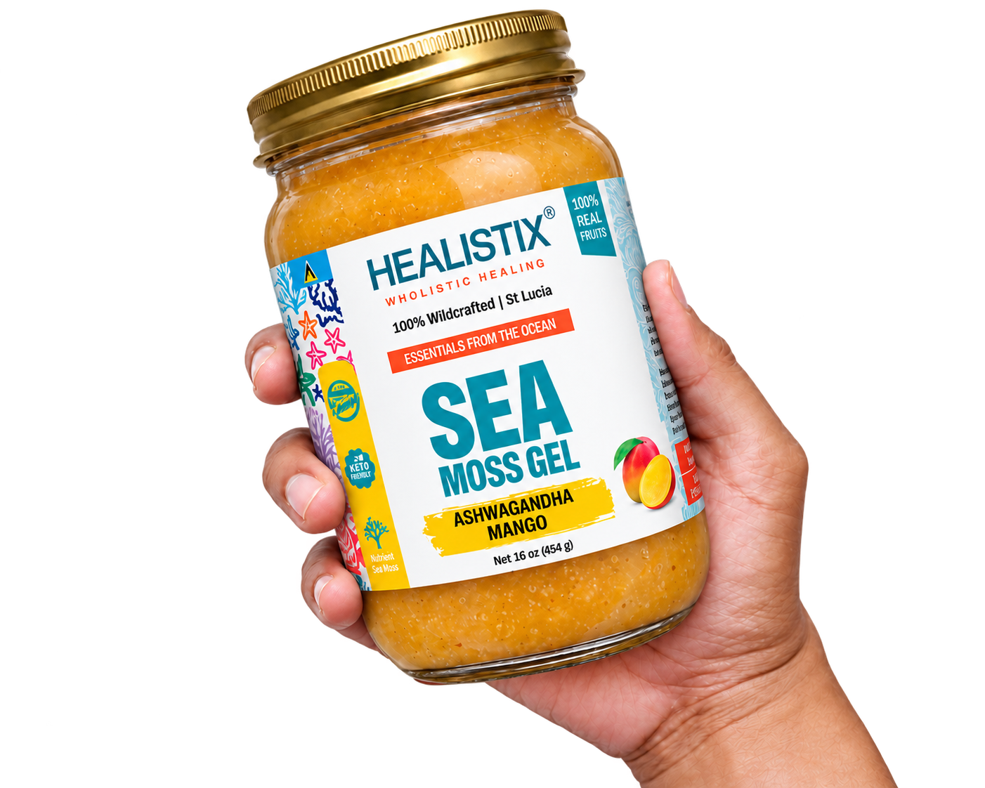 Hand holding Healistix Ashwagandha Mango sea moss gel