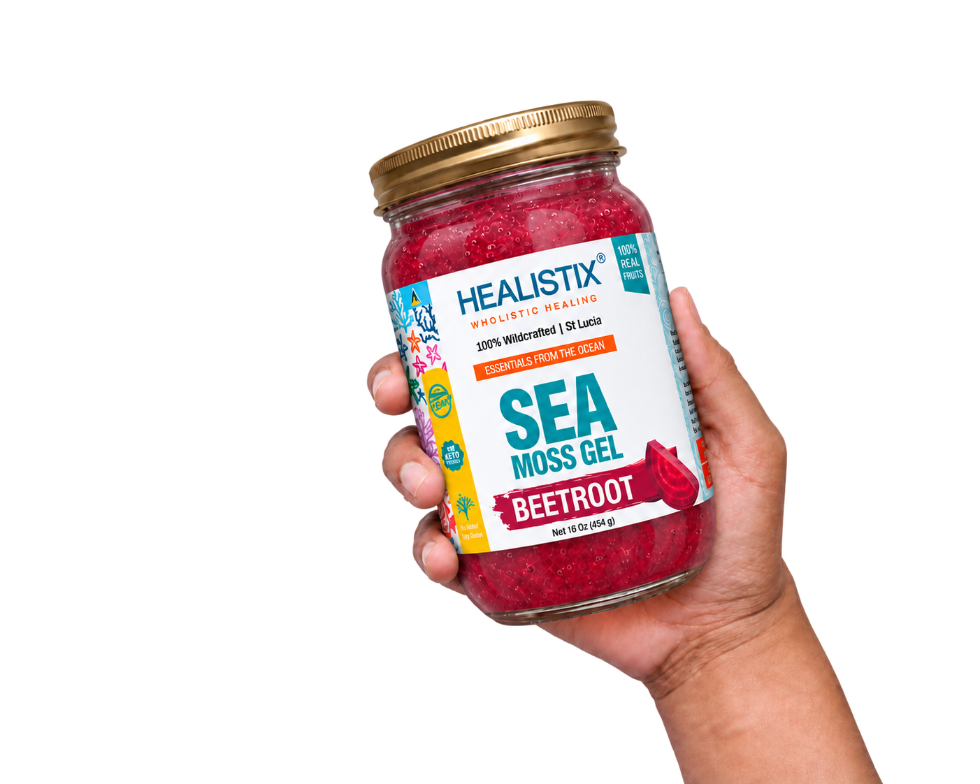 Hand holding Healistix Beet Root sea moss gel