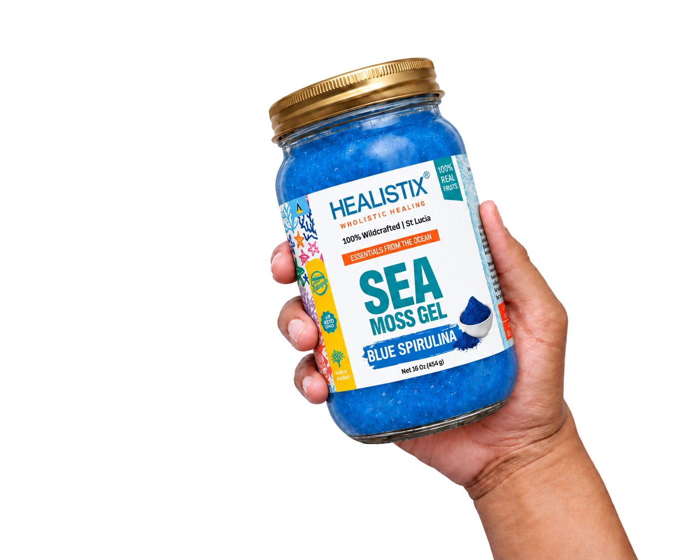 Hand holding Healistix Blue Spirulina sea moss gel
