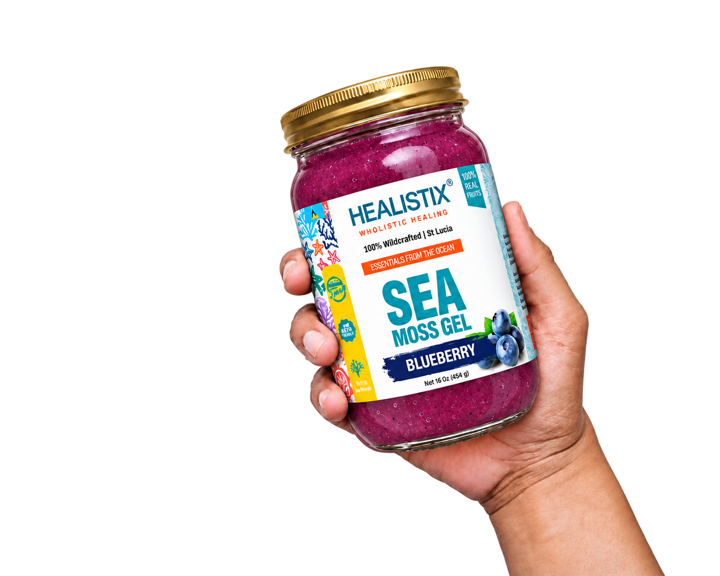 Hand holding Healistix Blueberry sea moss gel