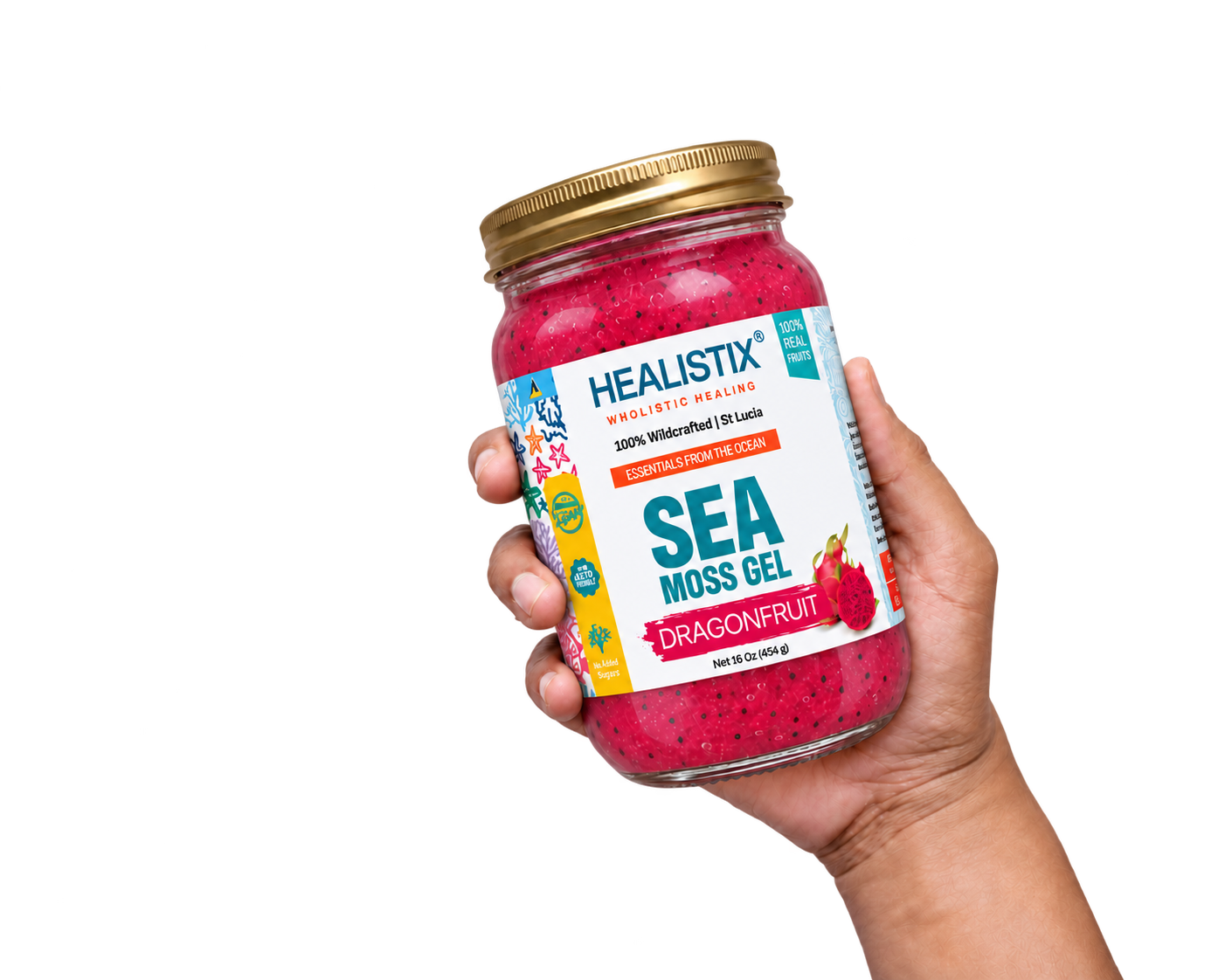 Hand holding Healistix Dragonfruit sea moss gel