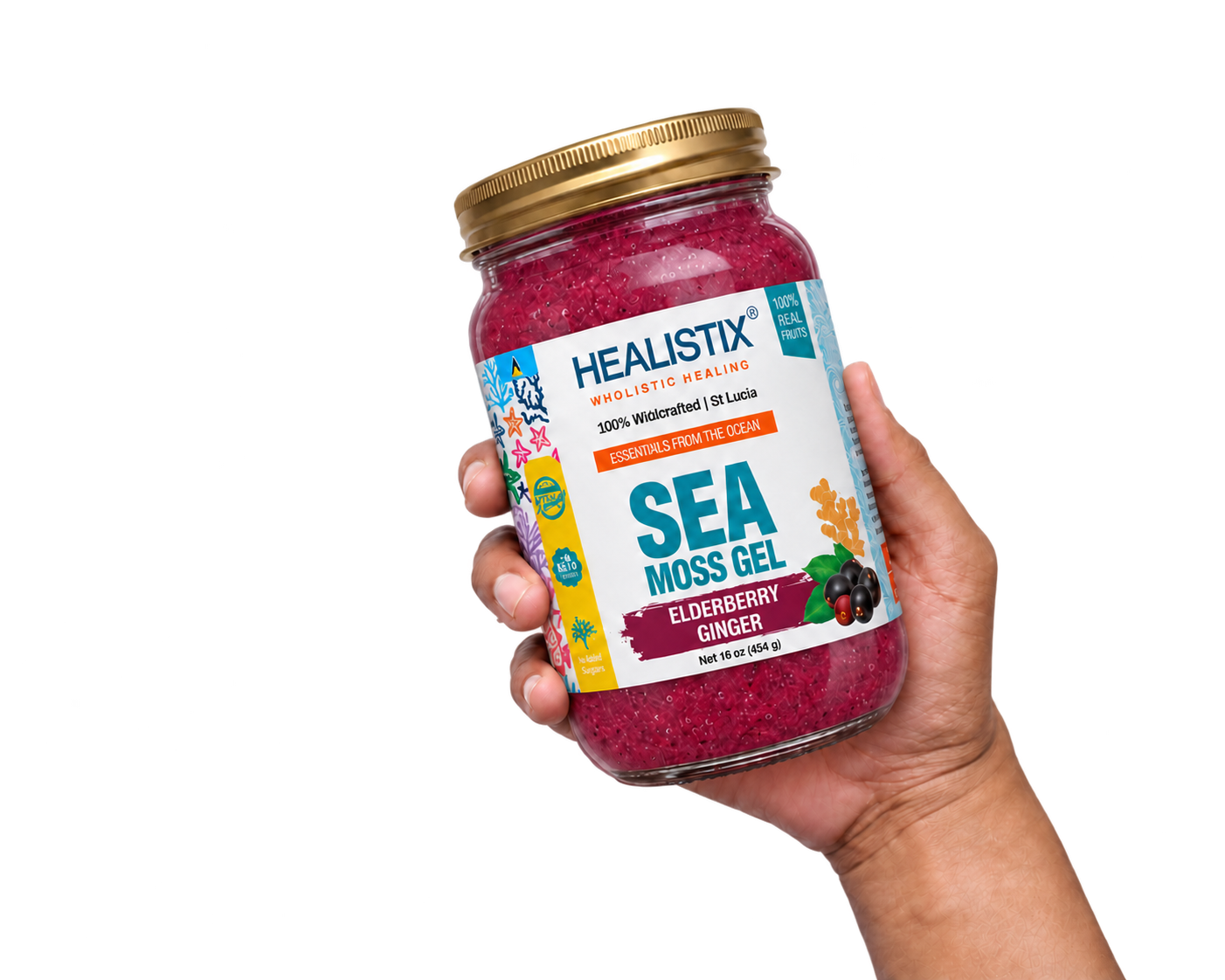 Hand holding Healistix Elderberry Ginger sea moss gel
