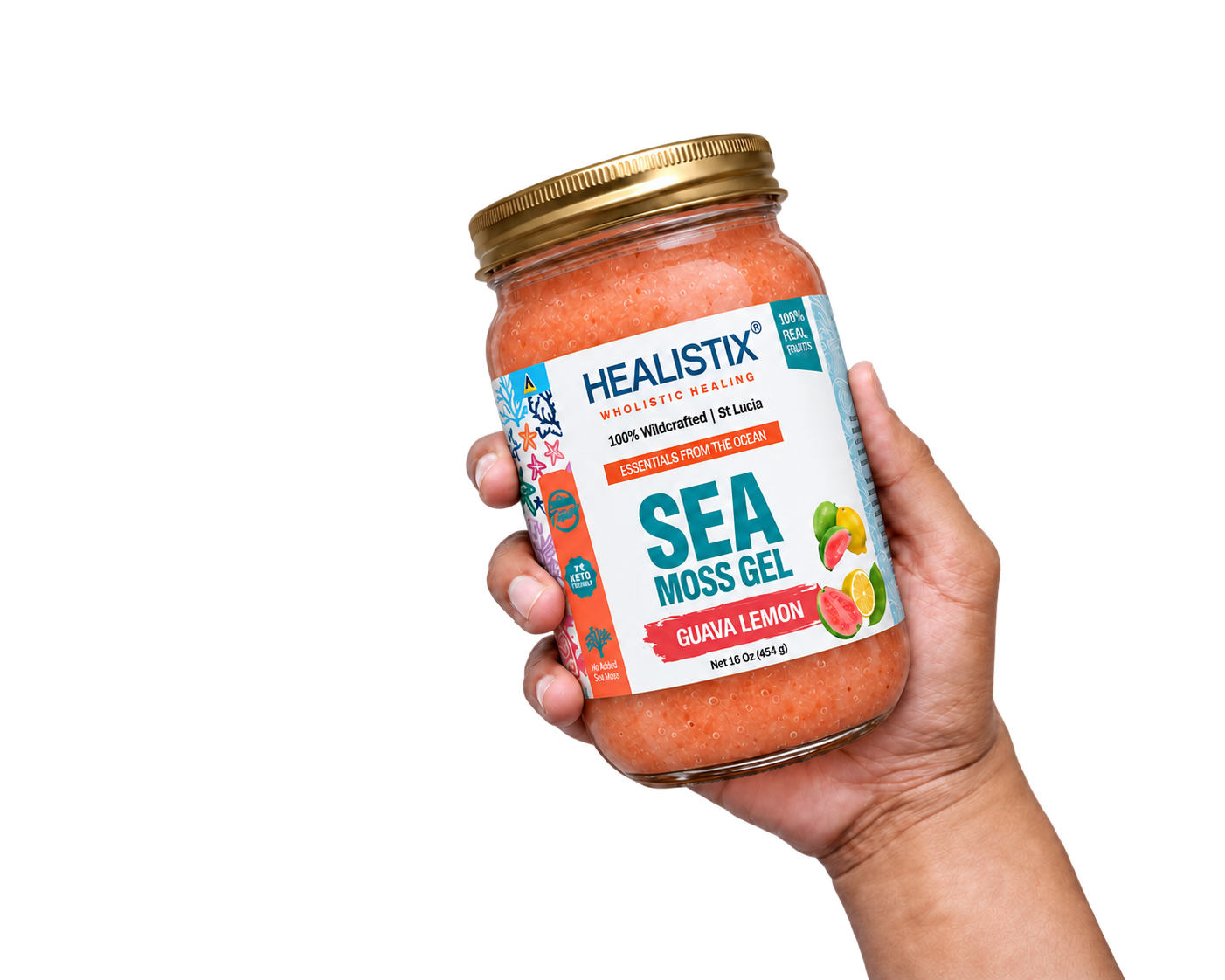 Hand holding Healistix Guava Lemon sea moss gel