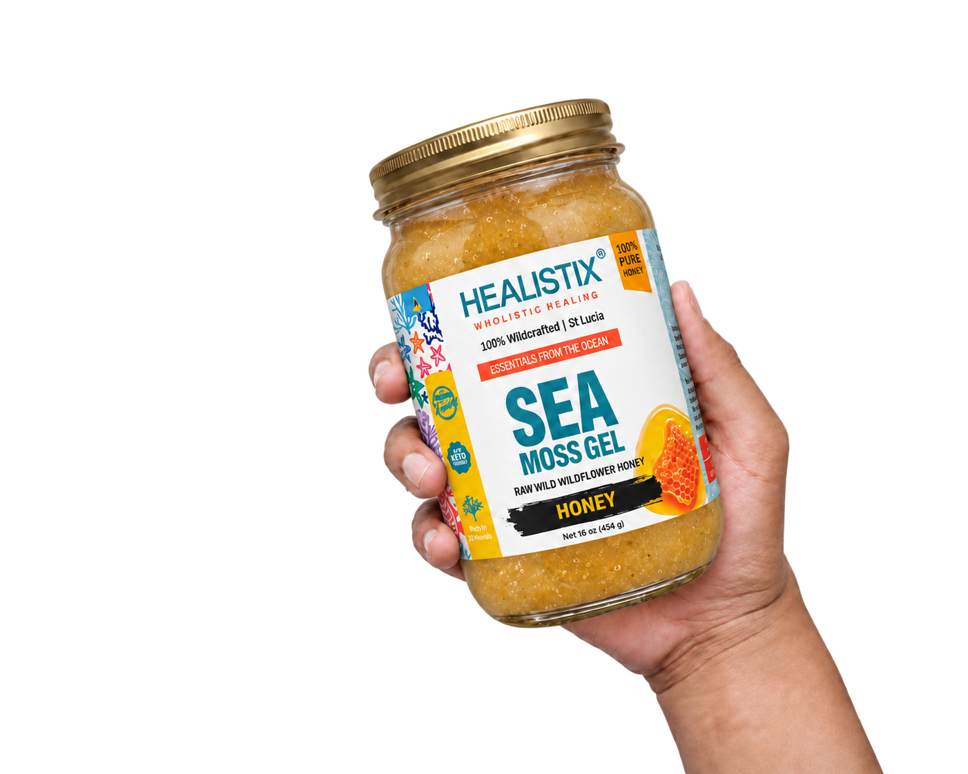Hand holding Healistix Honey sea moss gel