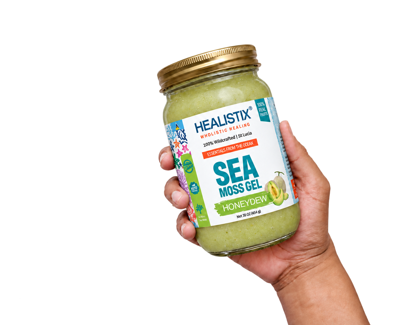 Hand holding Healistix Honeydew sea moss gel