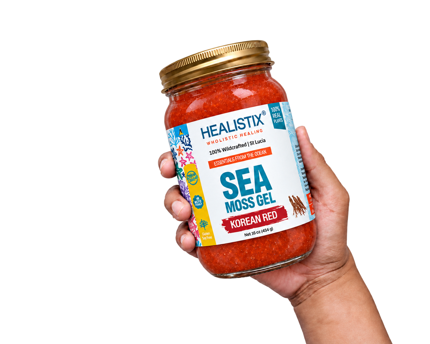 Hand holding Healistix Korean Red Ginseng sea moss gel