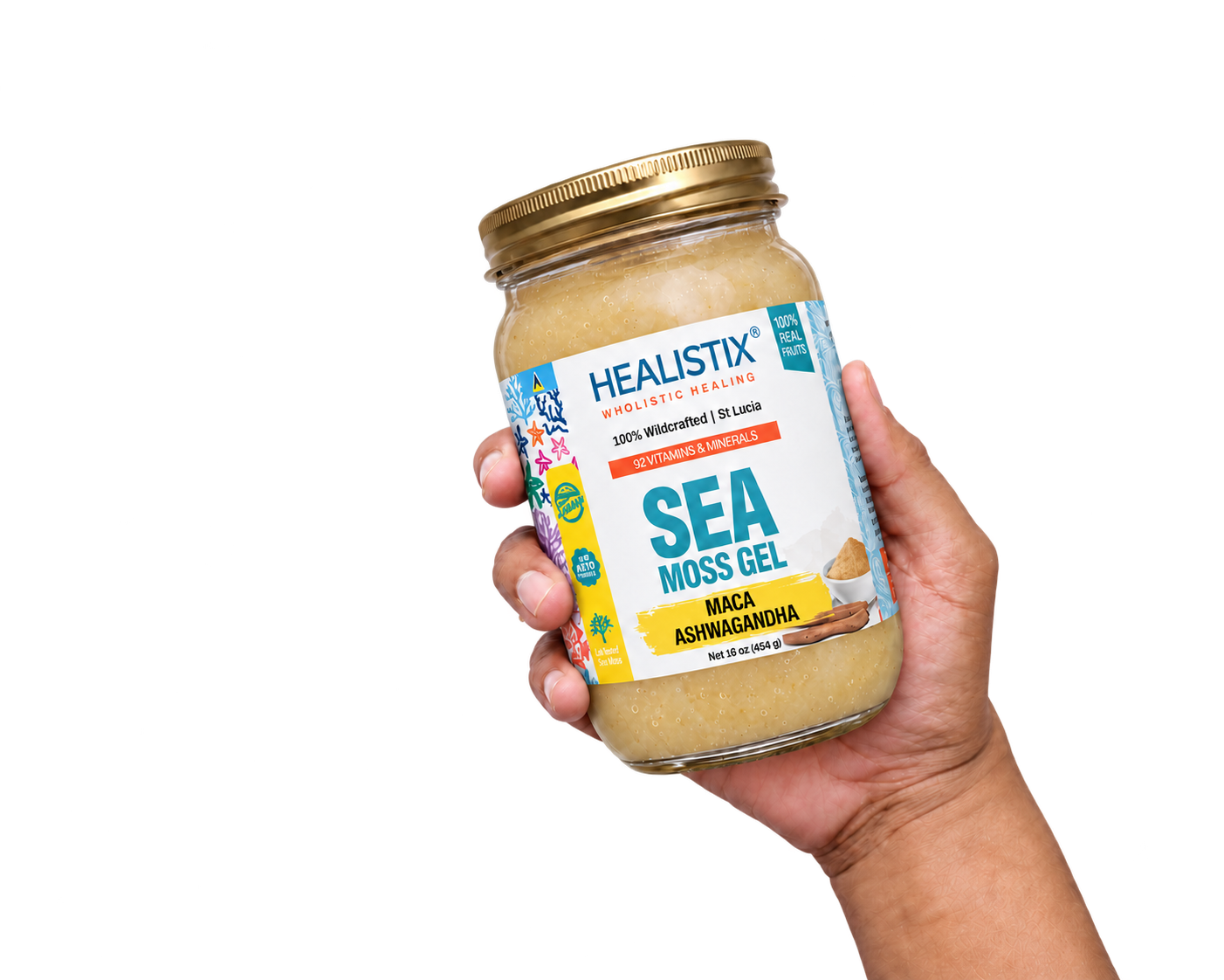 Hand holding Healistix Maca Ashwagandha sea moss gel