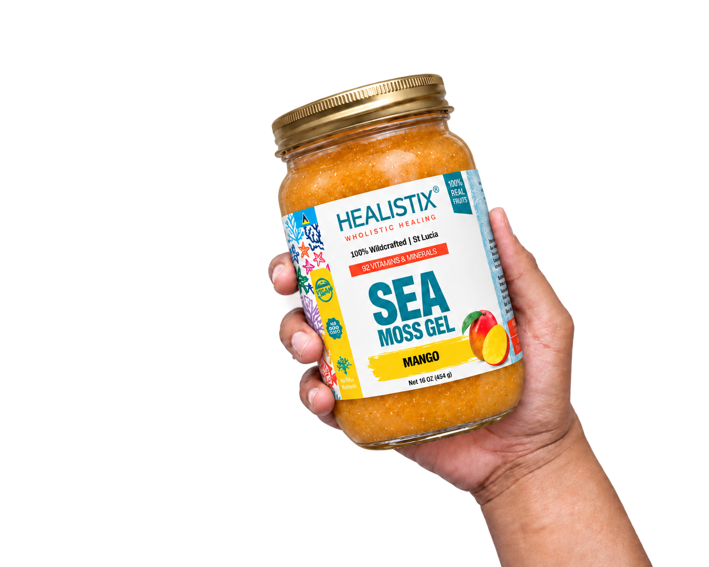 Hand holding Healistix Mango sea moss gel