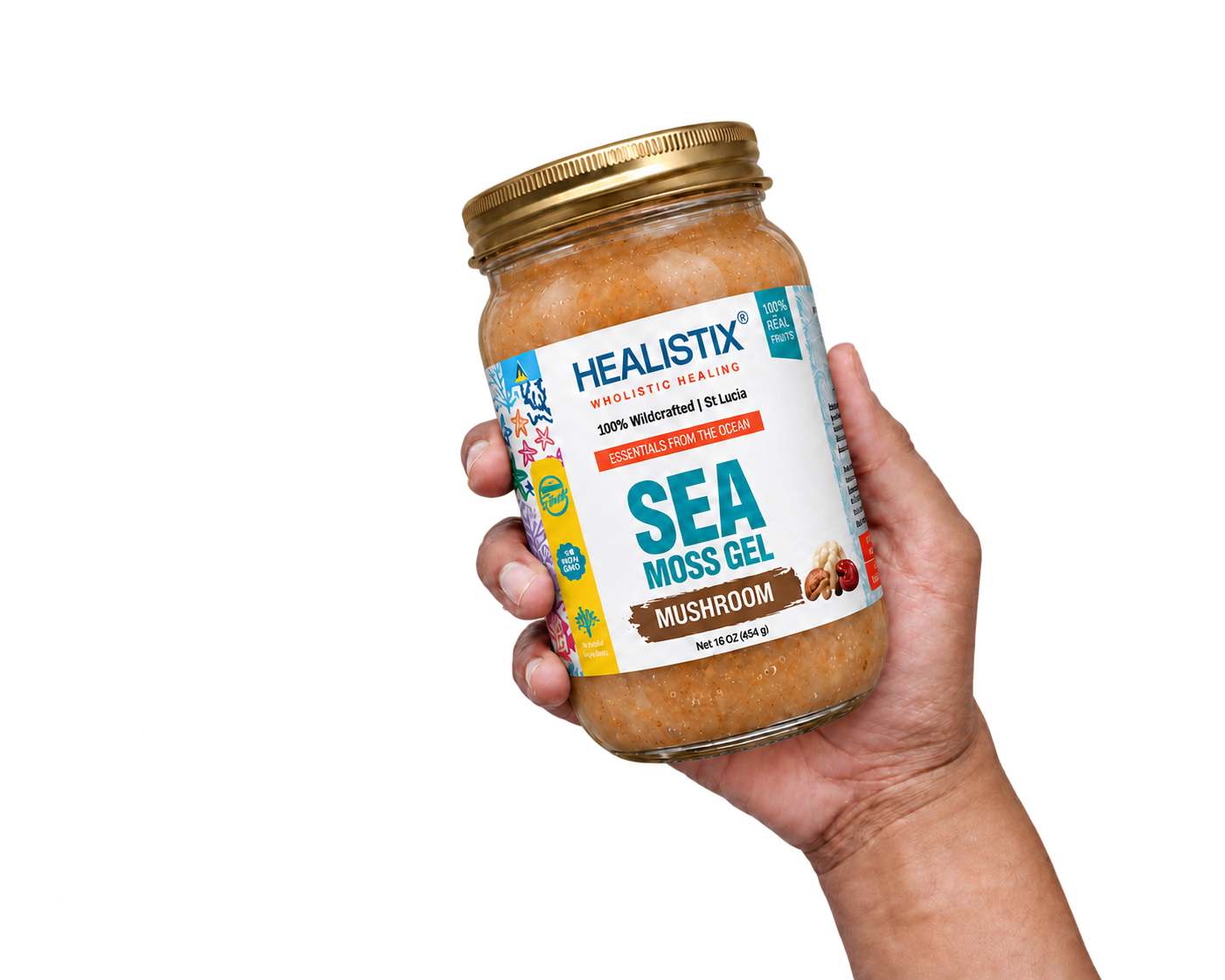 Hand holding Healistix Mushroom Complex sea moss gel