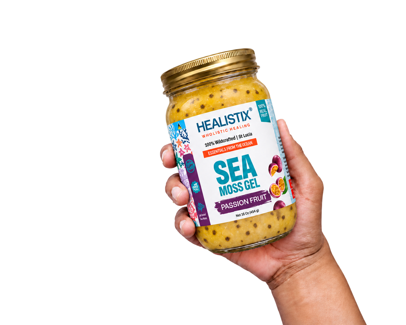 Hand holding Healistix Passion Fruit sea moss gel