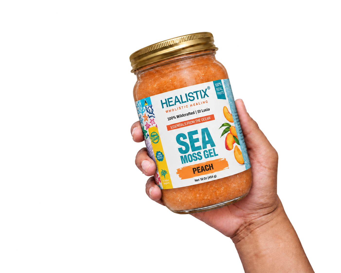 Hand holding Healistix Peach sea moss gel