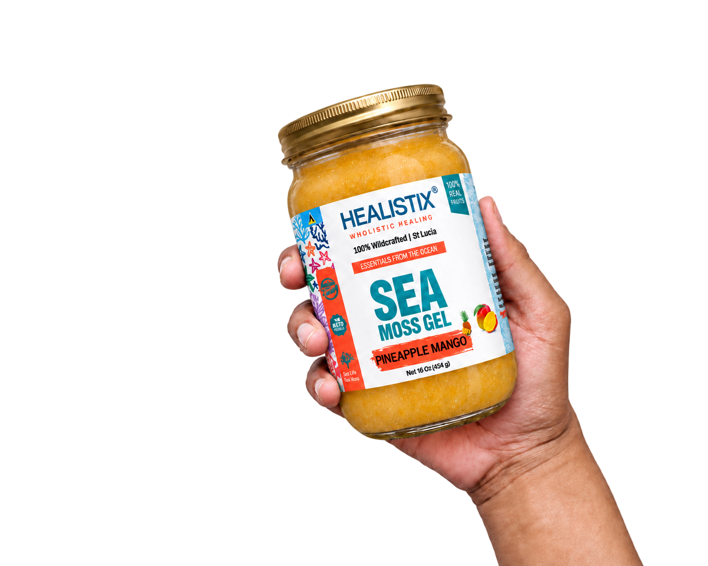 Hand holding Healistix Pineapple Mango sea moss gel