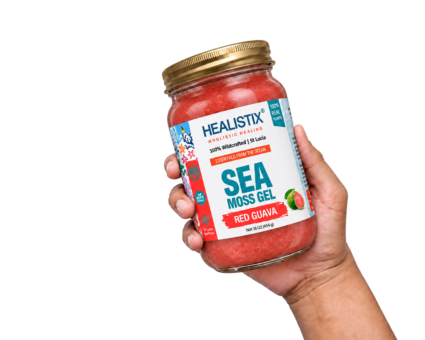 Hand holding Healistix Red Guava sea moss gel