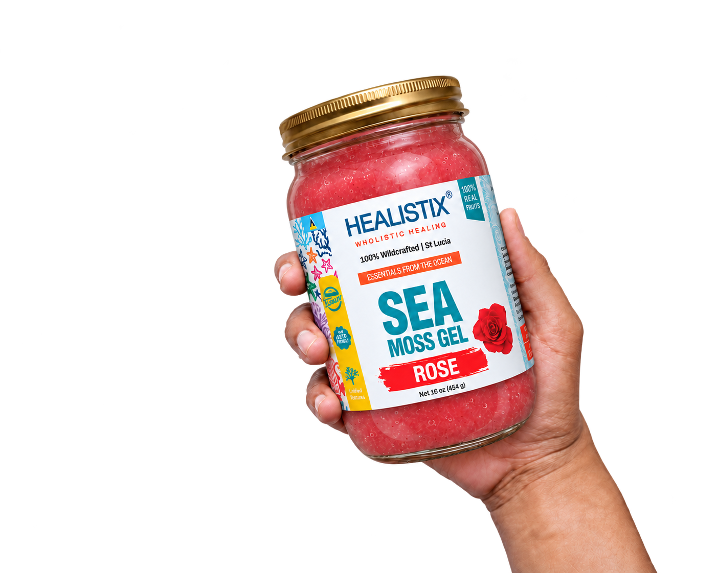 Hand holding Healistix Rose sea moss gel