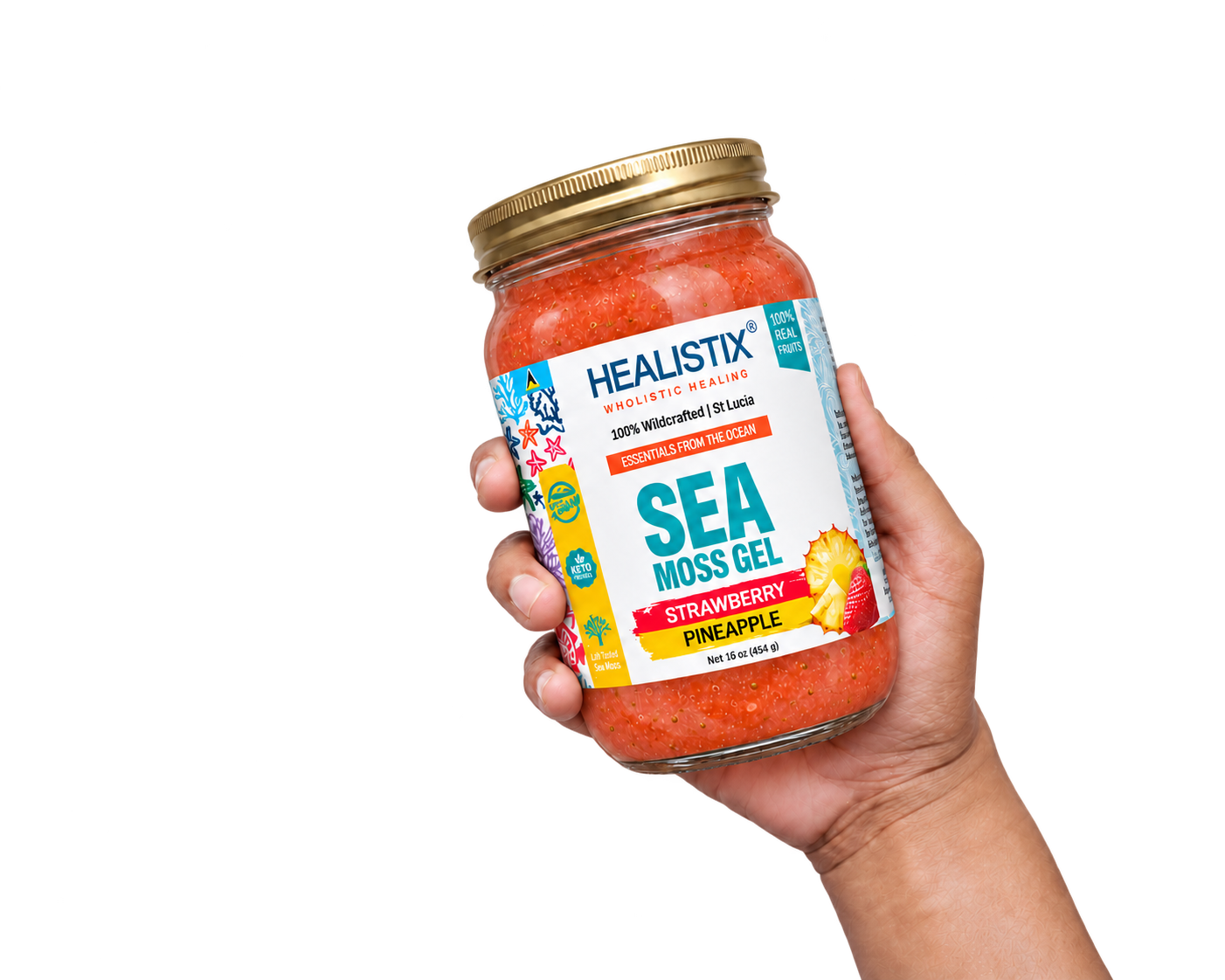 Hand holding Healistix Strawberry Pineapple sea moss gel