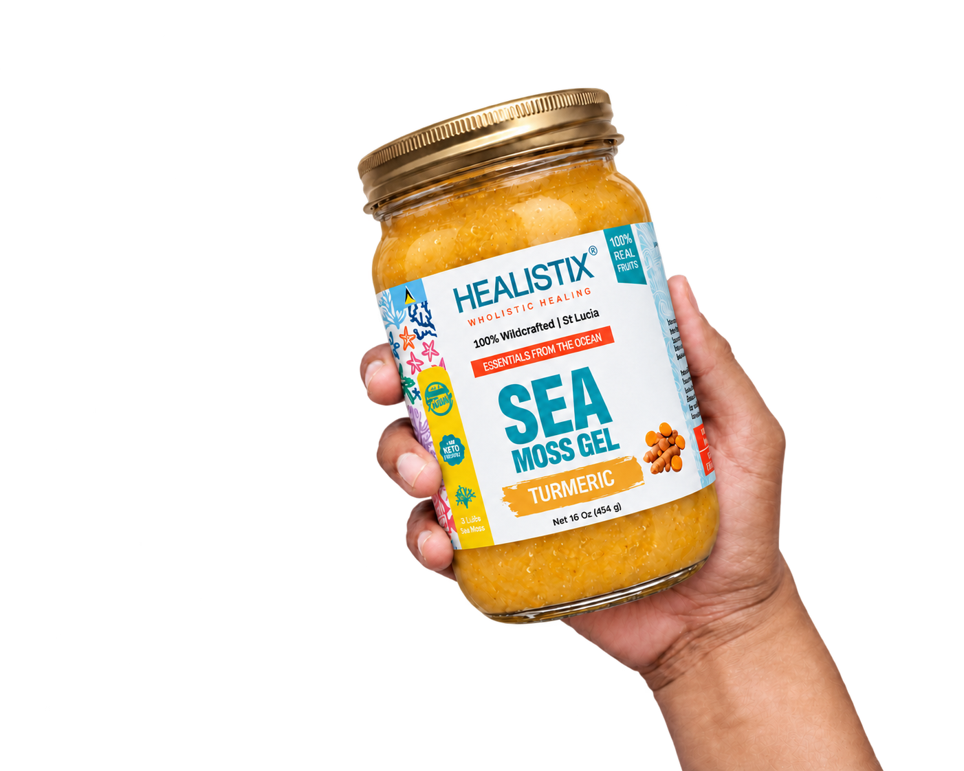 Hand holding Healistix Turmeric Curcumin sea moss gel