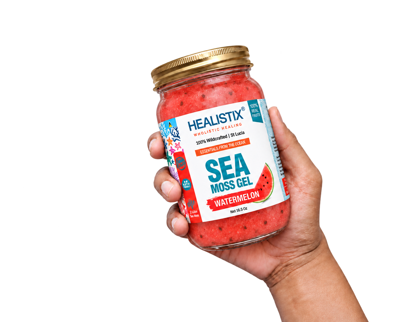 Hand holding Healistix Watermelon sea moss gel
