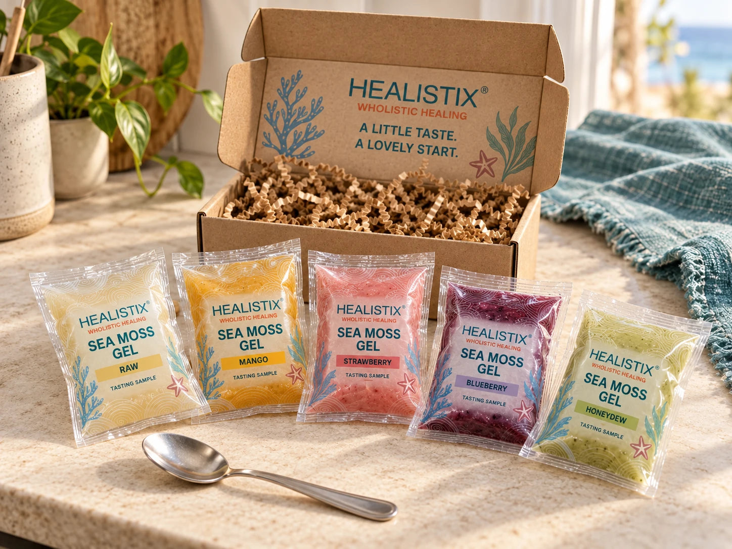 Healistix sea moss sample pouches with branded flavor labels