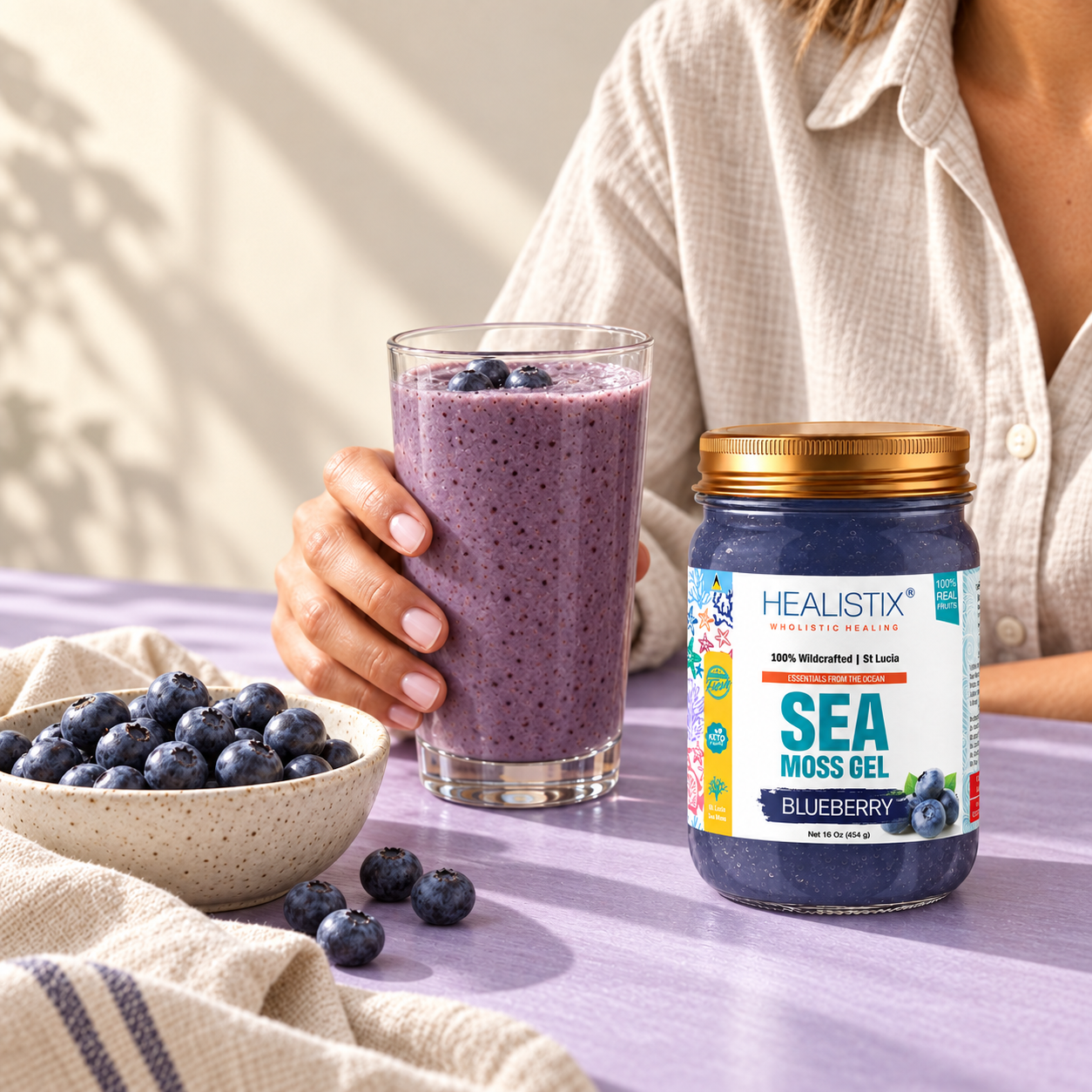 Blueberry sea moss gel — your morning, made; serving suggestion