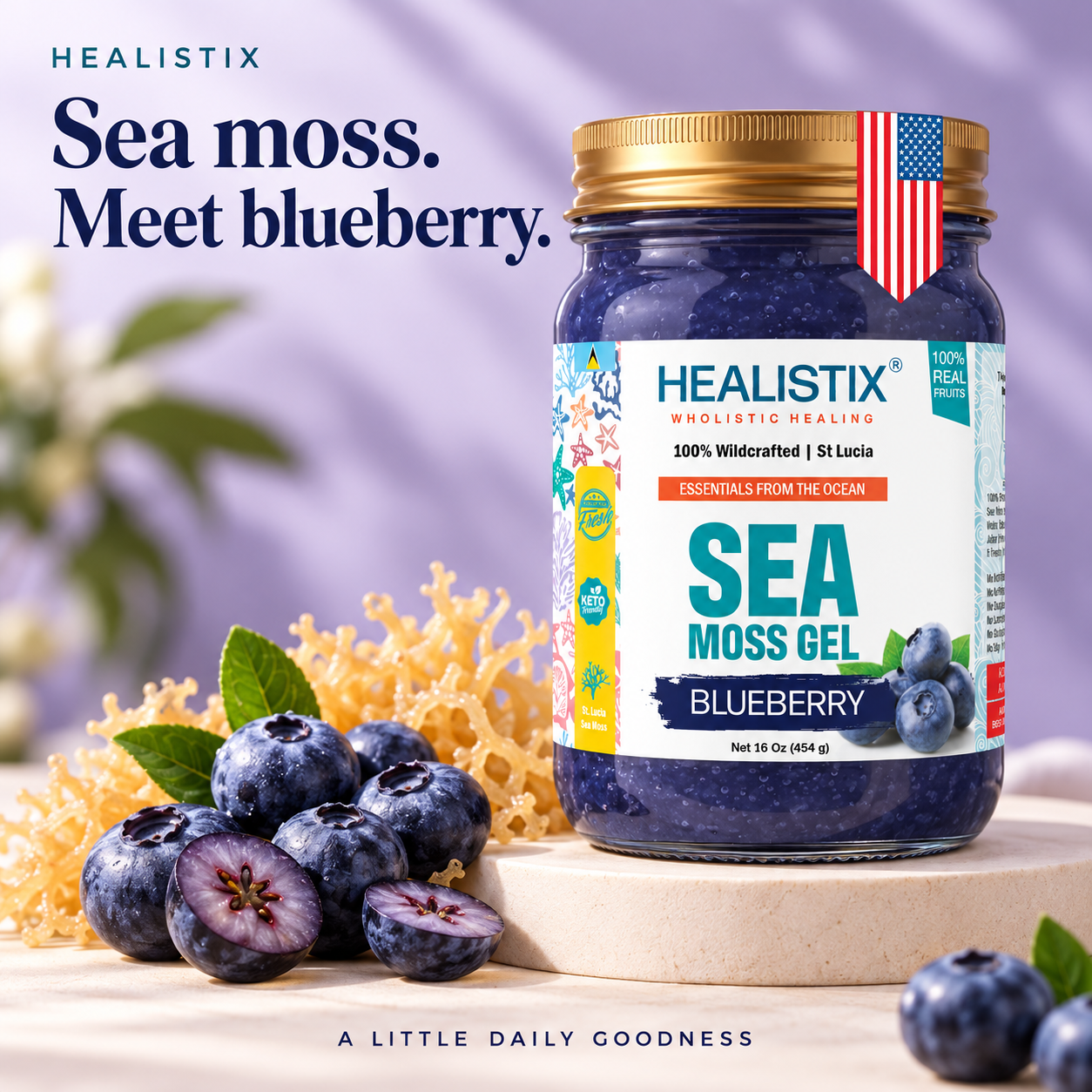 Blueberry sea moss gel — jar with fresh fruit