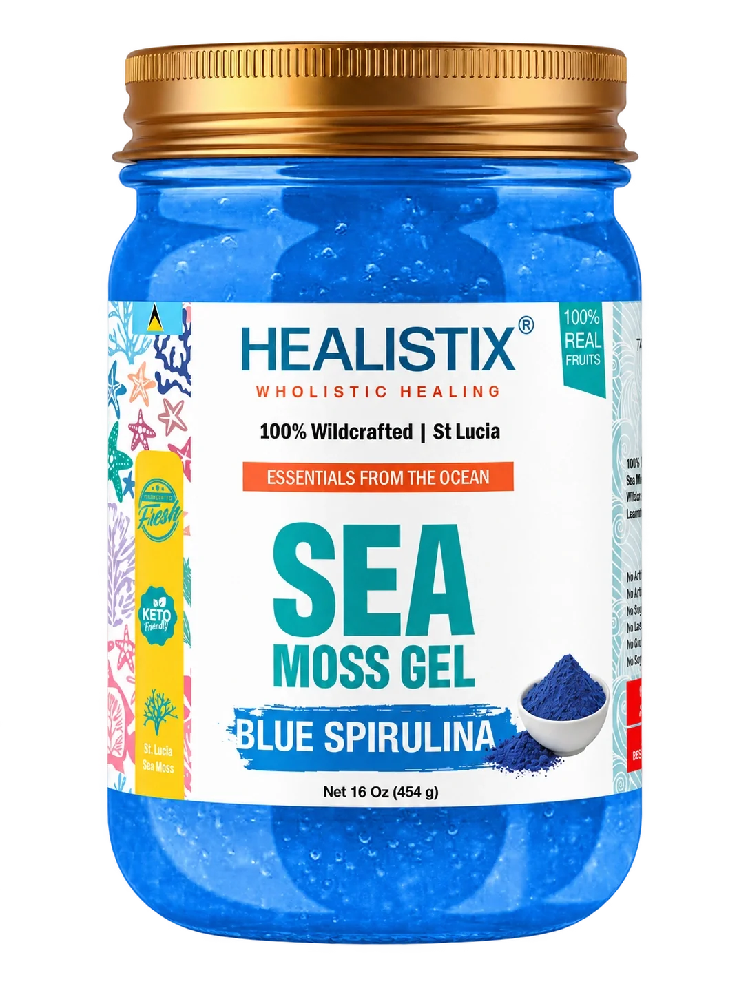 Blue Spirulina sea moss gel — original front package artwork; enlarge to read