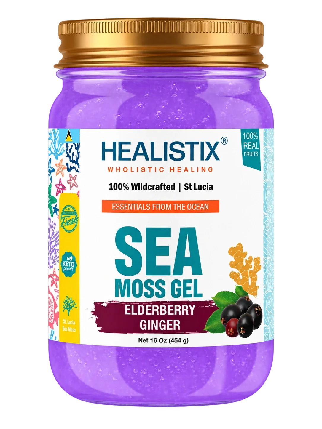 Elderberry Ginger sea moss gel — original front package artwork; enlarge to read