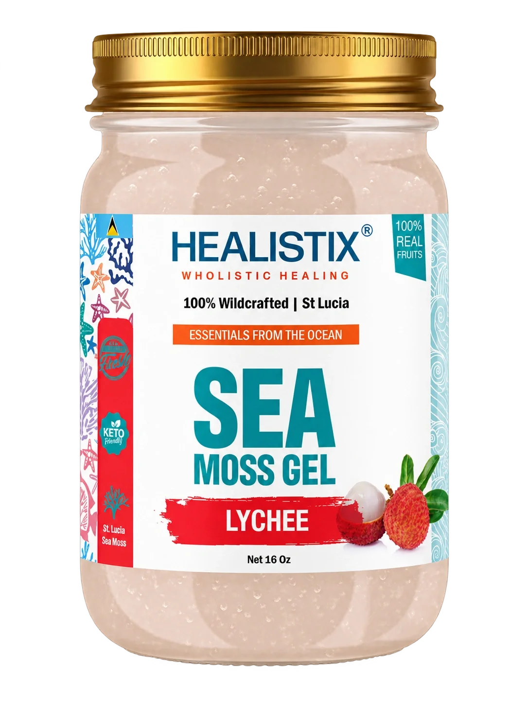 Lychee sea moss gel — original front package artwork; enlarge to read