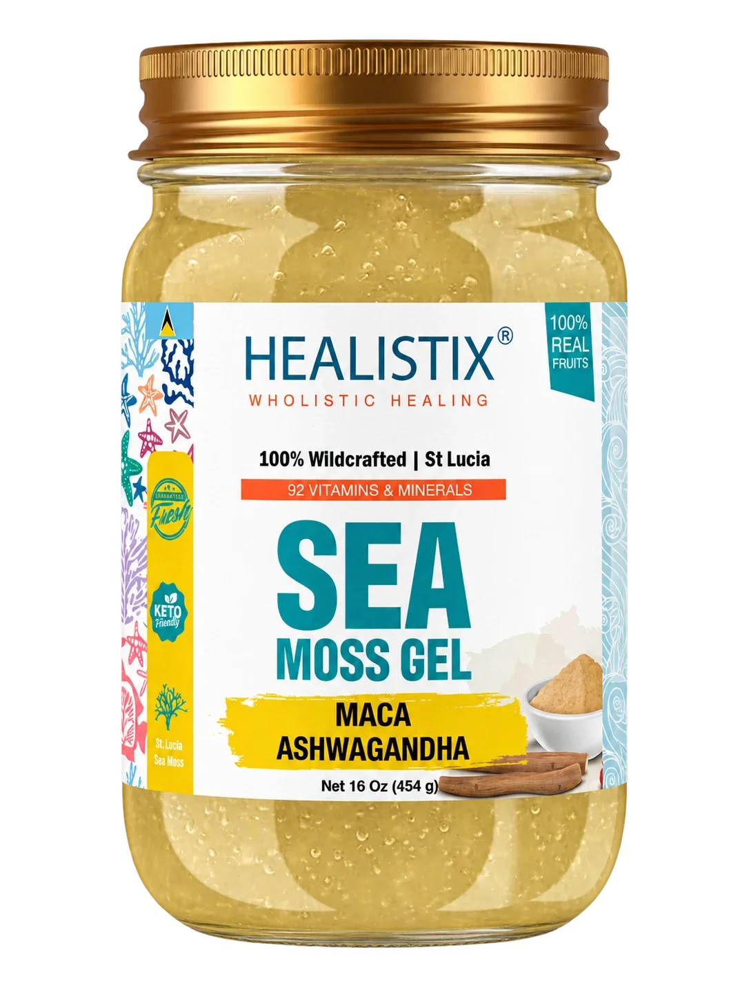 Maca Ashwagandha sea moss gel — original front package artwork; enlarge to read