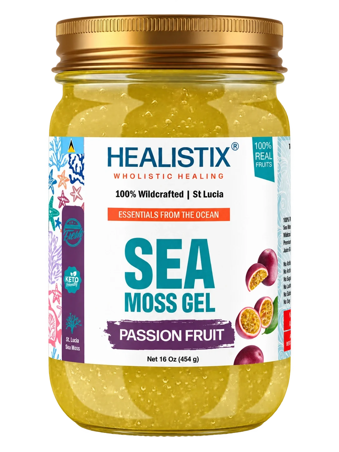 Passion Fruit sea moss gel — original front package artwork; enlarge to read