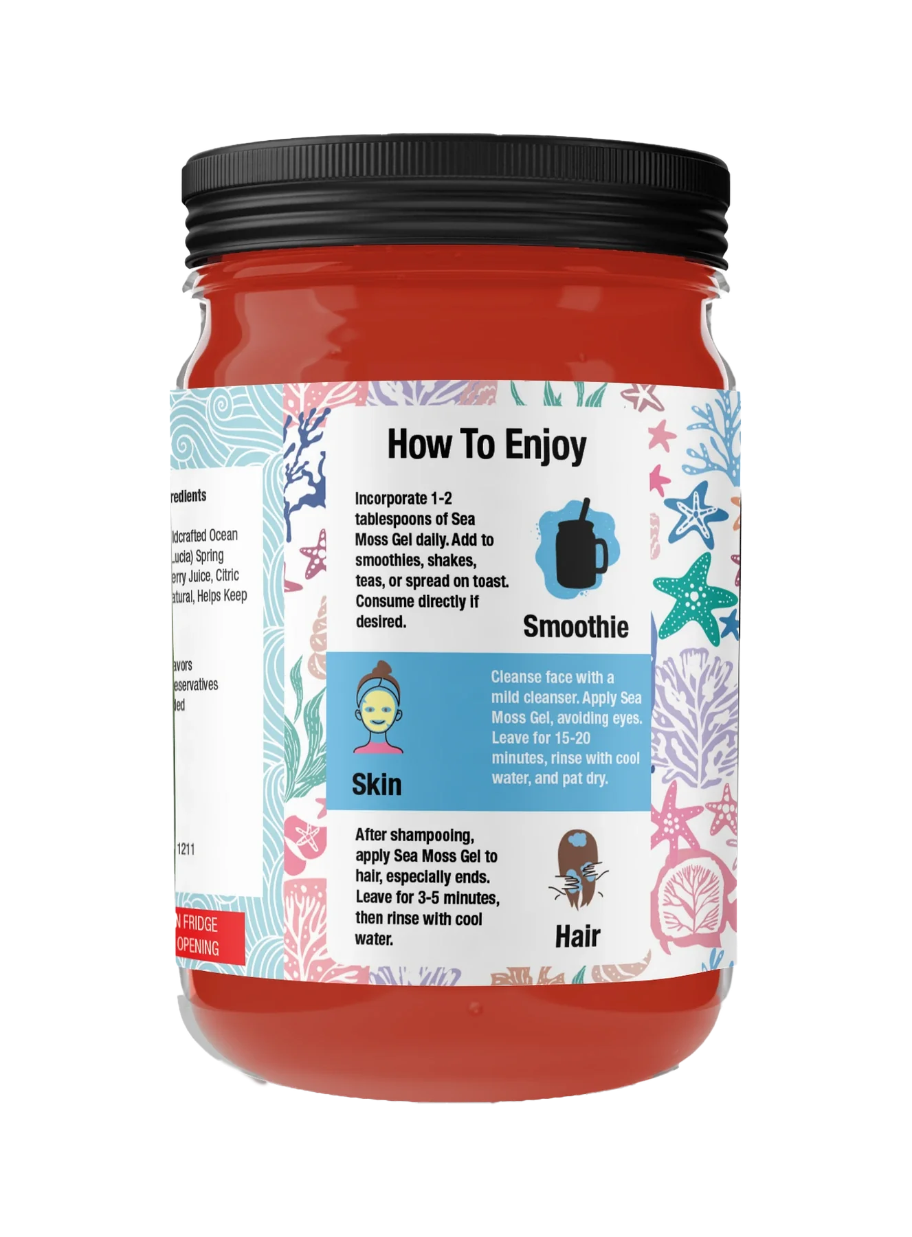 Strawberry sea moss gel — original left package artwork; enlarge to read