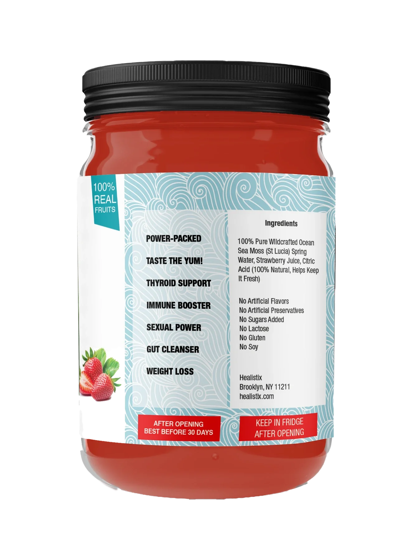 Strawberry sea moss gel — original right package artwork; enlarge to read
