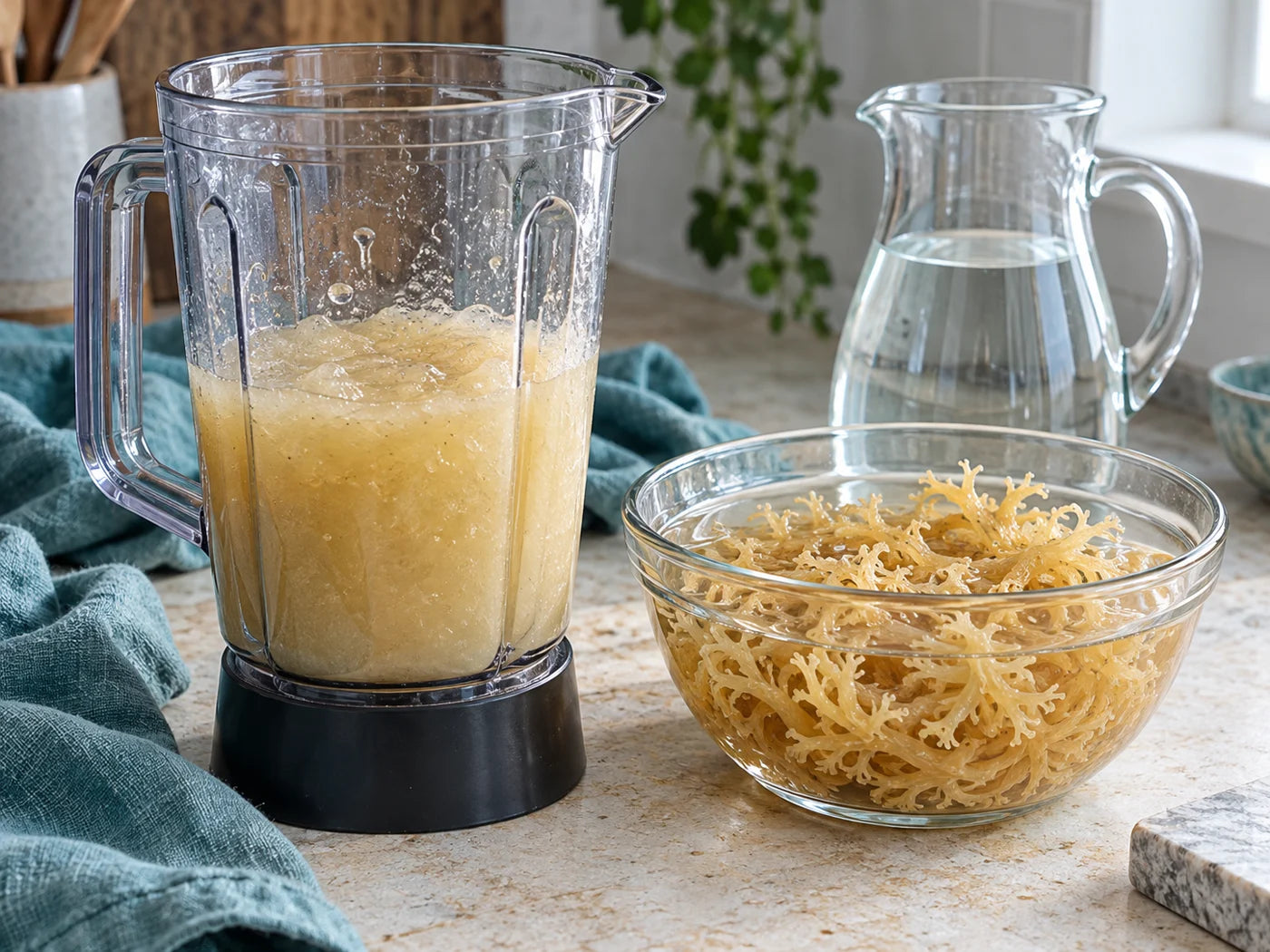 Illustrative preparation scene with sea moss, water and cold-blended gel