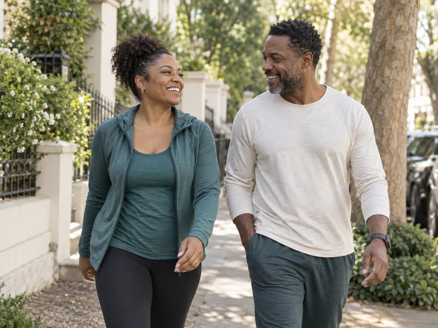 Illustrative everyday scene of a couple enjoying a morning walk